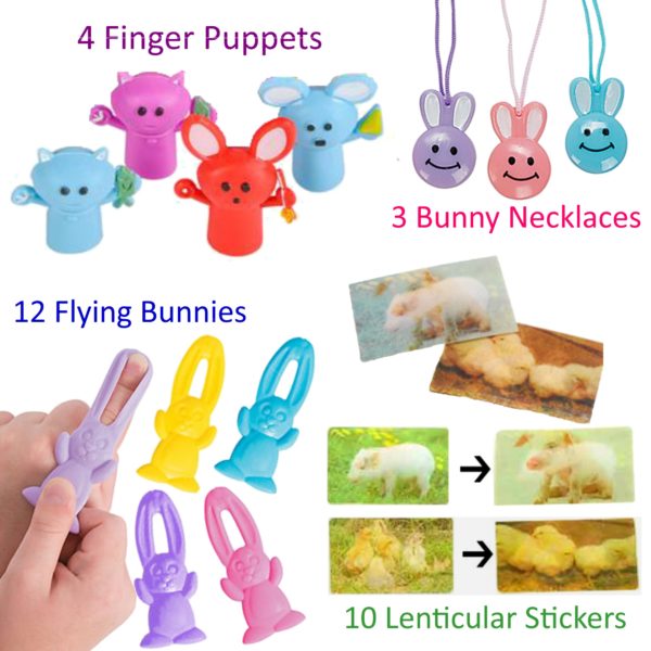 Easter Egg Stuffers - Lenticular-stickers-bunny-necklaces-finger-puppets-12-flying-bunnies