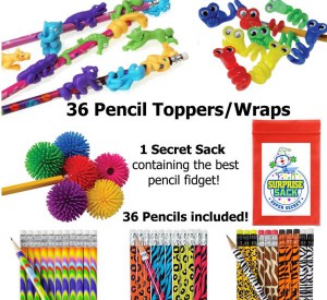 Triple Fidget Pencil Topper Pack 36 pc with 1 Super Secret Surprise Sack