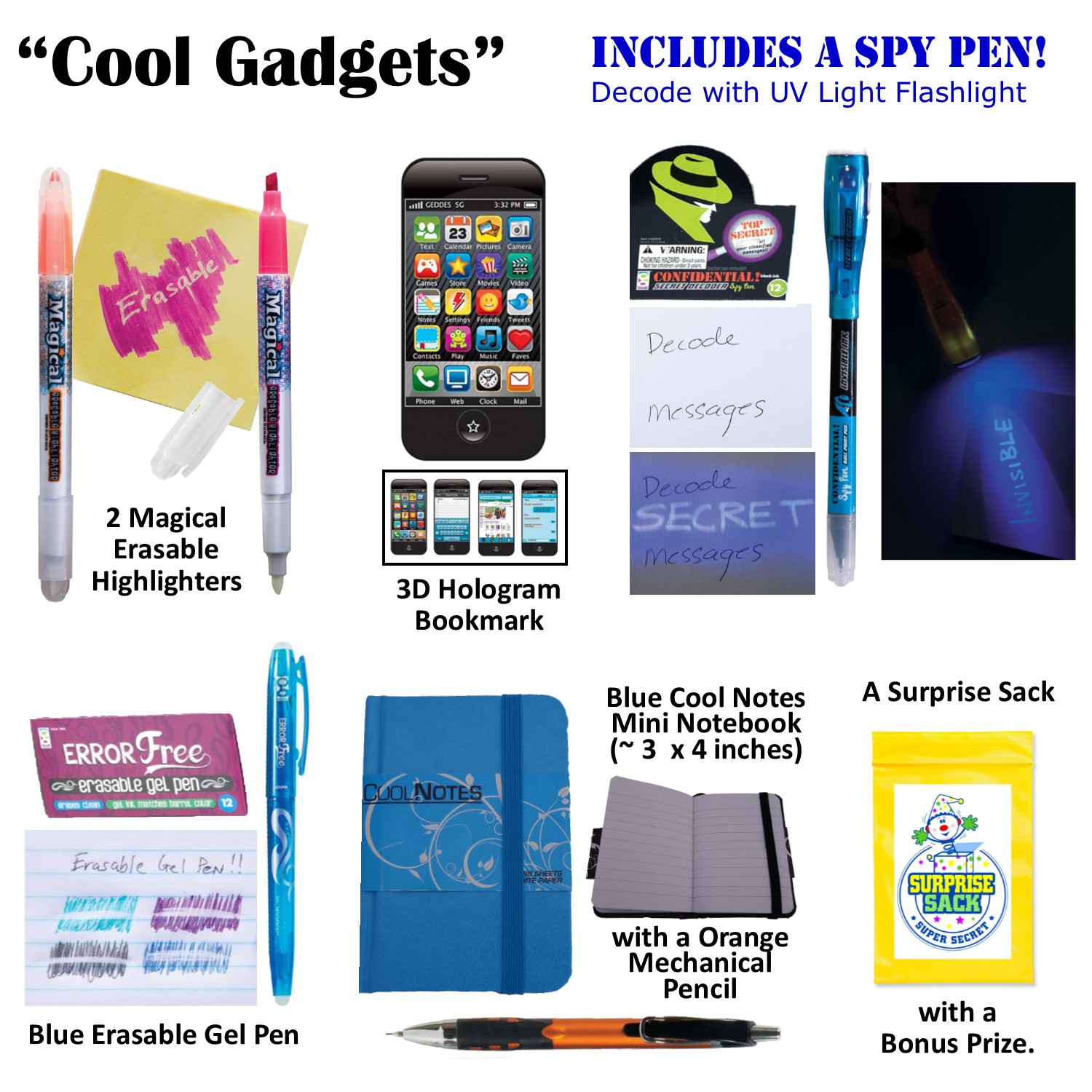 (TM) (Cool Blue Accessories-Pencils, Surprise Surprise Pouch) Themed Stationary Secret - Secret Pens, Gadgets Sack & Sack - - 1 Erasers Kids