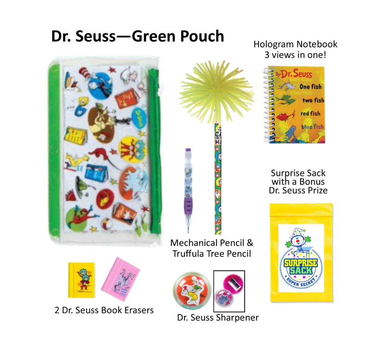 Dr. Seuss Pencil Pouch Case with Coordinating Accessories & 1 Secret  Surprise Sack (Dr. Seuss-Green Pouch) - Secret Surprise Sack