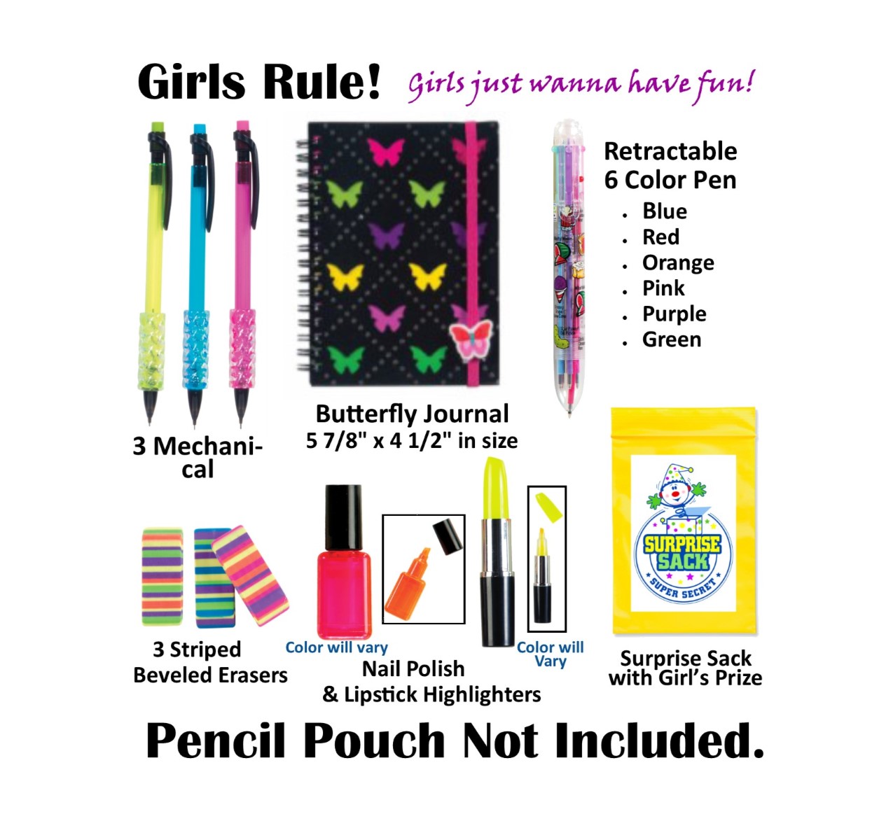 Girls Rule - Kids Themed Stationary Accessories-Pencils, Pens, Erasers & 1  Secret Surprise Sack (Pink Pouch) - Secret Surprise Sack