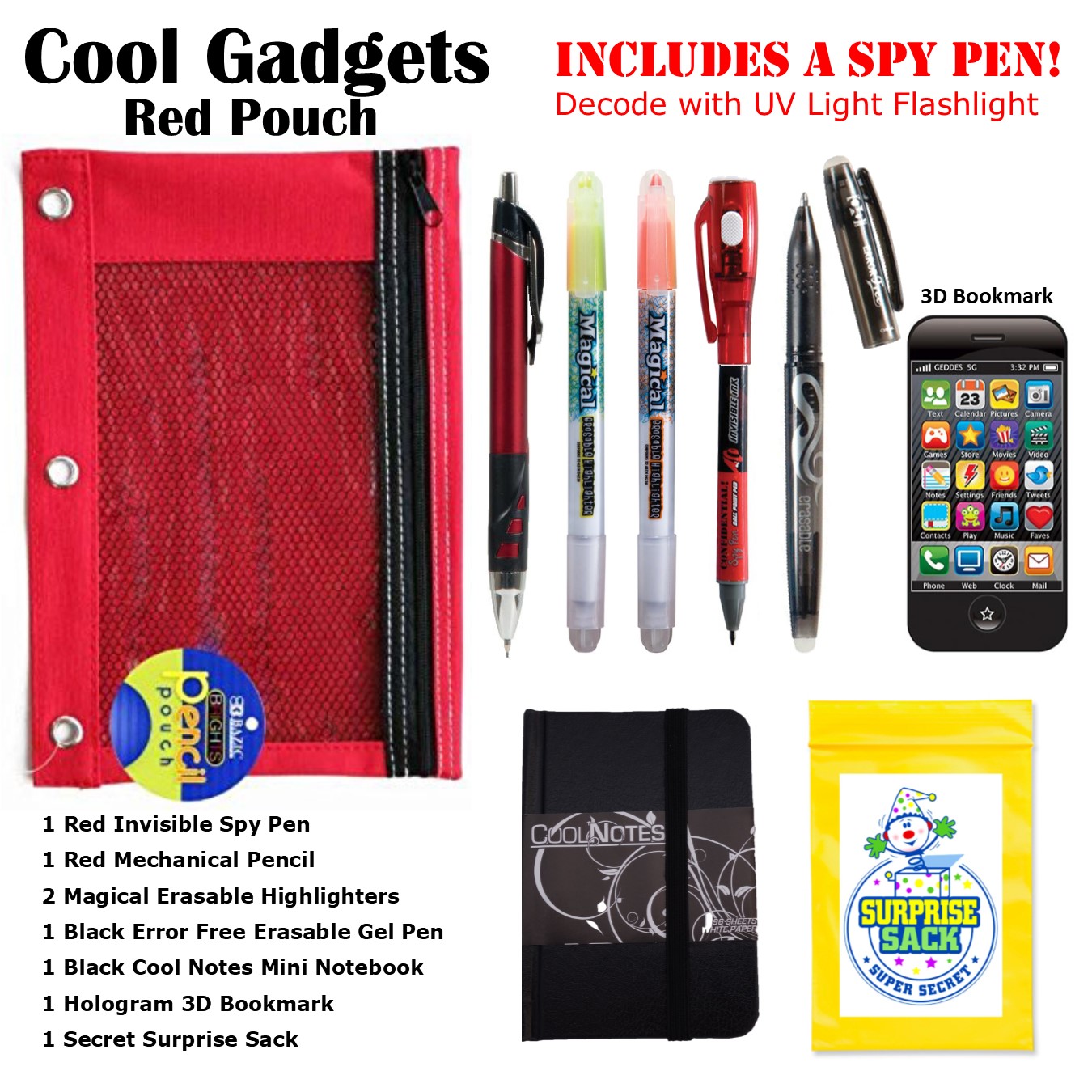Kids Themed Stationary Accessories-Pencils, Pens, Erasers & 1 Secret  Surprise Sack (TM) - (Cool Gadgets - Red Pouch) - Secret Surprise Sack